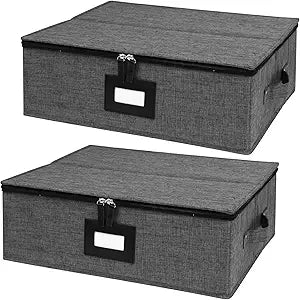 Gowee China Storage Containers 2 Pack, Platter Storage Containers 17" x 13" x 6" for Dinnerware Storage and Transport, 5 Felt Dividers Included, Structured Top and Stackable (Black)