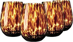 Joseph Sedgh Collection Tortoise Shell Stemless Wine & Water Glass Set of 4  16.91 oz Borosilicate Tumblers  Durable, Lead-Free, Dishwasher Safe  Gift Box Packaged