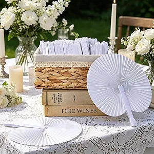 Aneco 60 Pieces Round Paper Folding Fans, White Foldable Handheld Fans with Plastic Handle, Wedding Decorative Folding Hand Fan with Storage Basket for Bridal Guest Church Party Favors DIY Crafts