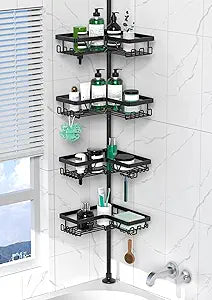 DAOYA Corner Shower Caddy Tension Pole - 4 Tier Stainless Steel Rustproof Shower Corner Caddy for Bathtub Bathroom Shower Organizer Shelves Adjustable Pole 25-114.2 Inch Black