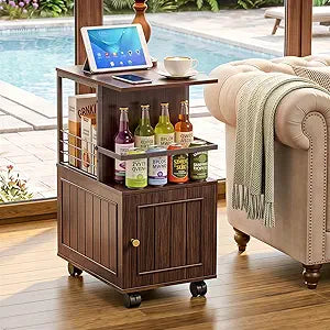 Narrow End Table with Storage Cabinet, Small Side Table with Open Storage Areas, Slim Sofa Side Table for Living Room, Nightstand for Small Spaces, Walnut