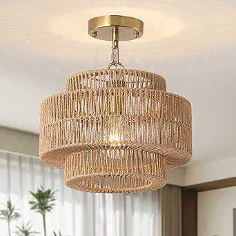 12.4" Boho Rattan Farmhouse Chandeliers for Dining Room, Rattan Hand-Woven Rustic Drum Chandelier Pendant Light Fixture for Kitchen Island Bedroom Living Room Entryway Foyer