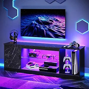Bestier LED TV Stand for 55/60/65 Inch TV, Gaming Entertainment Center with Cabinet for PS5, Xbox,Modern TV Cabinet with Adjustable Glass Shelves for Living Room, Bedroom 57 Inch,Black Marble