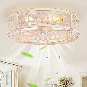 LEDIARY Caged Ceiling Fan with Light and Remote, 20in Small Low Profile Ceiling Fans with Lights, 6 Speed Farmhouse Flush Mount Ceiling Fan for Bedroom, Kitchen, Living Room-White and Gold