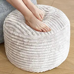SHOUREN Stuffed Round Ottoman,Corduroy Pouf Ottoman Foot Rest with Foam Filling,Pouf Storage Ottoman Footstool for Living Room,18 X 14 Floor Poufs for Couch,Footrest Only - 18 X 14 Inches,Beige