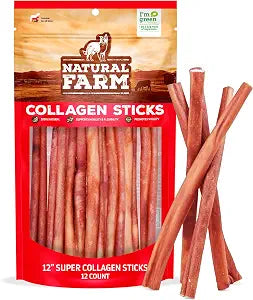 Natural Farm Odor-Free Super Collagen Dog Chews (12-Inch, 12-Pack) The First Ever Real Bull Sticks Alternative: 100% Natural Angus Hide Collagen Treats - More Protein, More Chew Time for All Dogs