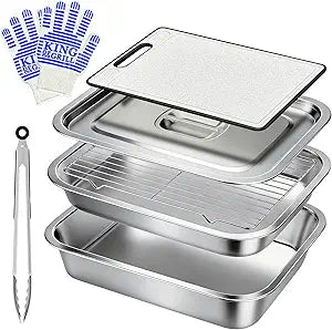 7-Piece Grill Prep and Carry System,Stainless Steel BBQ Marinating Container with Lid,Cutting Board Wire Rack Tongs & Heat Resistant Gloves,Stackable Food Tray Accessories for Outdoor &Camping Cooking