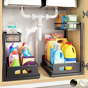 Under Sink Organizer, 2 Pack Cabinet Organizer for Kitchen, Height Adjustable Pull Out Heavy Duty 2 Tier Metal Under Sink Storage for Bathroom Pantry (Black, 2 Pack)