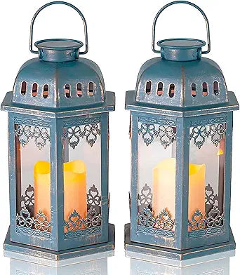 Solar Lanterns 2 Pack Blue - Hanging Solar Lights with Flickering Candle LED - Retro Ornate Hanging Lantern with Handle