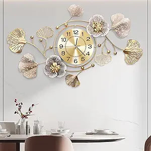 Clocks for Living Room, Large Wall Clock, 3D Silent Wall Clock, Retro Metal Ginkgo Leaf Design, for Bedroom Kitchen Decorative Wall Clocks35''x20'' 