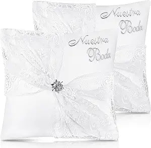 SmoothNovelty 2 Set Wedding Kneeling Pillows 17 x 15 Inch Embroidered Nuestra Boda with Pillows Cover Satin and Lace Kneeling Decoration for Bodas,Cojines para Boda