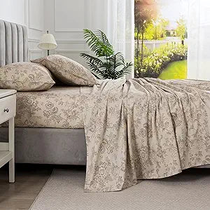 Vintage Beige Floral Percale Sheets, King Size 100% Cotton Flower Print Farmhouse Bed Sheet Set, Soft Crisp Neutral Cottage Deep Pocket Fitted Sheet, Shabby Chic Luxury Toile Bedding, 4Pcs