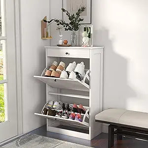 FTZxHKLX Shoe Cabinet with 2 Flip Drawers, Slim Freestanding Hidden Shoe Organizer with Drawer, Pet-Proof Shoe Storage Cabinet for Entryway Living Room Behind The Door, White