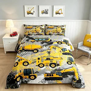 Feelyou Kids Construction Comforter Set Twin Bedding Sets for Boys Toddler Children Cartoon Cars Excavator Tractor Comforter Set Construction Machinery Truck Duvet Set Cars Bed Set with 1 Pillow Case