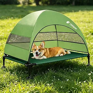 Windproof Elevated Dog Bed with Canopy & Stakes, 3-Sided 90% UV Block, Chew-Proof Teslin Mesh Mat for Large Dogs up to 150lbs(Green Large)