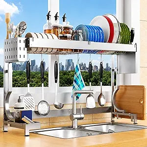 MINGLING Over Sink Dish Drying Rack Kitchen Dish Rack Over Sink Height & Width Adjustable Large Over Sink Dish Drainer Rack Full Stainless Steel (W21.2-37"~ H18.5-22" Silver)