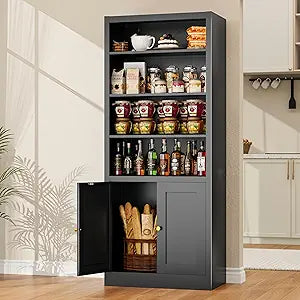 Metal Pantry Cabinet, Kitchen Pantry Cabinets with Doors and Shelves, Freestanding Cupboard for Living Room, Dining Room, Bathroom, 55" Black