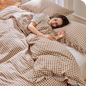 Ruffle Gingham Duvet Cover King Size Brown/White,100% Cotton,Shabby Chic Checkered Plaid Comforter Cover Set,3-Piece Vintage Bedding,104"90"