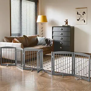 PUPETPO Freestanding Pet Gates with Walk Through Door, Dog Indoor Fence, Dog Gate for The House, Doorway, Stairs, Extra Wide Pet Gate, Support Feet Included, 120 Inch Wide, 6 Panels 24" Tall, Gray