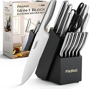 FIKSHOT Kitchen Knife Set, German Stainless Steel kitchen knives  Includes Knife Block Set & Sharpener, High Carbon, Rust-Resistant, Ergonomic Handle for Cooking, Grilling & Gifting