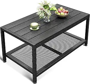 ODK Outdoor Coffee Table with Double-Layer Storage, Rectangle Weather-Resistant Patio Coffee Table for Garden, Balcony, Hot Tub, Poolside, Heavy-Duty Metal Frame, Black