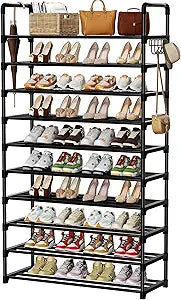 Shoe Rack, 10 Tier Shoe Storage Organizer with Hooks,Fit 40-45 Pairs Shoes,Metal Tall Shoe Shelf for Closet,Entryway, Hallway,Garage,Bedroom,Cloakroom