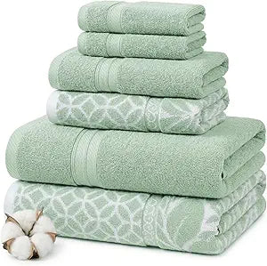 Modern Threads 6 Piece Bath Towel Set  Bathroom Set with 2 Bath Towels, 2 Hand Towels, and 2 Wash Cloths  100% Cotton, Super Absorbent & Extra Soft  Reversible Botanical Vine (Sage Green)