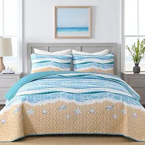 DJY Ocean Coastal Quilt Sets Queen Size, Reversible Microfiber Quilts with 2 Shams Soft Lightweight Beach Bedding Nautical Bedspread Coverlet Summer Comforter Set for All Season, 96"x90"