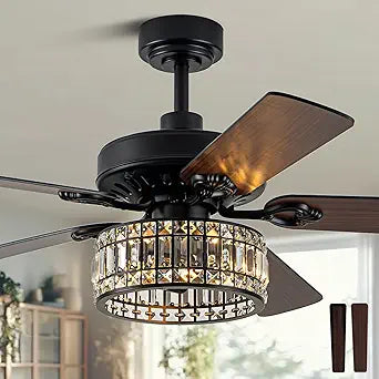 52" Black Crystal Ceiling Fan with Light, Modern Chandelier Fan with Remote, Farmhouse Vintage Fandelier Fan with Quiet DC Motor, 6 Speeds for Dining Living Room Bedroom (No Bulbs Included)