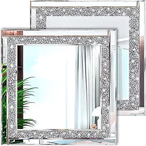 Meetart Crystal Crush Diamond Silver Mirror 12'' x 12'' 2PCS,Frameless Stylish Gorgeous Diamond Decor Glam Glass Mirror. for Bedroom Bathroom Hanging Mirror Home for Wall Decor.