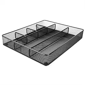 Amazon Basics Metal Mesh Desk Organizer with 6 Compartments, Anti-Slip Pen Holder Storage Tray for Office Supplies and Home, Black