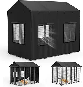 STARTWO Outdoor Dog Kennel Cover, 600D Heavy Duty Full Coverage for 8' Dx4' Wx6' H Dog Cages, with Transparent Window, Breathable Mesh, Black (Only Cover, Does Not Include Dog Fence)