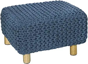 COTTON CRAFT Braided Footrest - Handknitted Dori Foot Stool with Sturdy Wood Legs  Handmade Boho Leg Rest - Small Spaces Under Desk Living Room Entryway Low Footstool Pouf - 16.5x12x9.5 - Blue