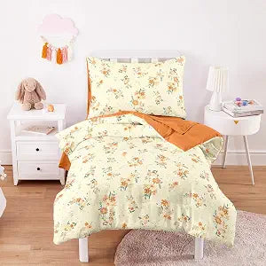Wake In Cloud - Toddler Bedding Set for Girls, 100% Cotton Fabric, Colorful Floral Flowers Polka Dot, 4 Pieces Soft Crib Bed Set Including Comforter, Sheets and Pillowcase, Cream Beige