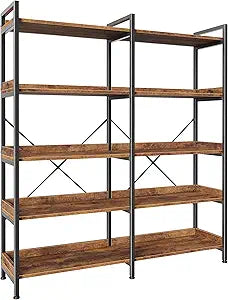 Huuger 5 Tier Bookshelf, Display Bookshelf with 10 Open Shelves and Raised Baffle, 47.2 Inch Straight Wide Bookcase with Metal Frame and Wooden Board, Adjustable Feet, Rustic Brown