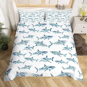 Erosebridal Shark Bedding Set Twin Ocean Life Duvet Cover for Child Boys Blue Watercolor Hand Drawn Cartoon Sharks Comforter Cover Underwater Sea Wild Animals Fish Room Decor Marine Life Quilt Cover