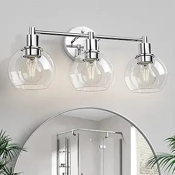 3 Lights Bathroom Vanity Light Fixtures Chrome, Bathroom Lights Over Mirror, Industrial and Farmhouse 3 Light Wall Sconce, Polished Chrome Globe Vanity Lighting Fixtures