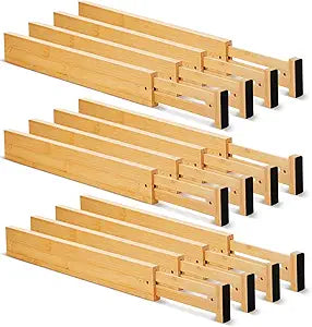 Sawysine 12 Pcs Bamboo Drawer Dividers Adjustable Drawer Organizers Spring Separators Organization Expandable Organizers for Kitchen Bedroom Bathroom Dresser Office (Natural Color,22 x 2.4 Inche)