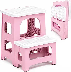 2 Step Stool Foldable, Non-Slip Steps, Folding Step Stool for Adults & Kids, Plastic Stool Pool Ladder, Collapsible Stools 2 Step Ladder for Kitchen Toilet Bedroom Office RV, Holds 330 lbs, Pink