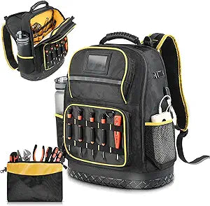 Heavy Duty Tool Backpack with Laptop Compartment, Hard Bottom & Tool Pouch Durable Electrician Tool Bag Organizer with Multiple Pockets, USB Port, Water Bottle Holders, HVAC Work Backpack for Men