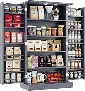 HOME BI Kitchen Pantry, Kitchen Storage Cabinet Cupboard with Doors and Adjustable Shelves for Dining Room Living Room, Grey