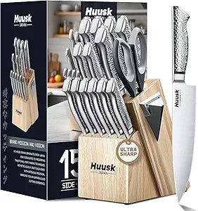 Huusk Kitchen Knife Set with Block & Built-in Sharpener - 15pcs Japanese Stainless Steel Knife Block Set - Sharp Professional Chef Sets for Kitchen - Home-warming Gift for Men
