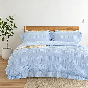 ALEISSEL Light Blue Twin Comforter Set, Seersucker Vintage Comforter Ultra-Soft Blue Bedding Set Twin Size 3 Piece Set, Down Alternative Lightweight Comforter Set (Blue, Twin 68"x90")
