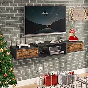 HOOBRO 55" Floating TV Stand with Power Outlet, Modern Wall Mounted Media Console Shelf Cabinet for Under TV Storage, Entertainment Center, Living Room, Bedroom, Rustic Brown and Black BF11DS01