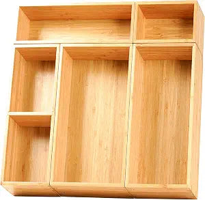 Umilife Drawer Organizer Storage Boxes, 2.5" High Bamboo Drawer Dividers, 5 Rearrangeable Bins for Kitchen, Office Desktop, Clothing, Makeup, vanity, Jewelry