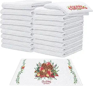 YOUKE OLA 20 Pack Sublimation White Towels Waffle Weave Kitchen Towels Blanks Microfiber Dish Drying Towel for Heat Transfer 16x24 Inch