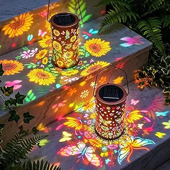2Pack Colorful Solar Lanterns Outdoor Waterproof, Garden Decor Gifts for Women Mom Grandma - LED Sunflower and Butterfly Solar Powered Lights Metal Hanging Lantern for Outside Garden Patio Yard Porch
