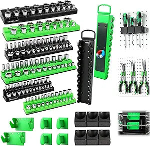 20-Piece Magnetic Tool Organizer Set, 1/4", 3/8", 1/2" SAE & Metric Socket Organizers, 2 Large Wrench Holders, 24-Slot Wrench Rails, Plier and Screwdriver Wall Mount Storage