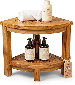 HOMESTEAD Teak Shower Stool with 2 Tier Storage Shelf, Compact Corner Shower Bench for Inside Shower, Bathroom Seat with Soap Holder, Shower Foot Rest and Shower Stool for Shaving Legs