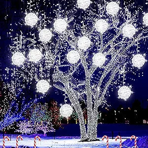 Outdoor Christmas Balls Lights Tree Lights Waterproof, 4 Pack 7.87" LED Hanging Globe Sphere Lights with 8 Lighting Modes Memory Timer Plug for Party Wedding Xmas Porch Patio Garden Yard Decorations